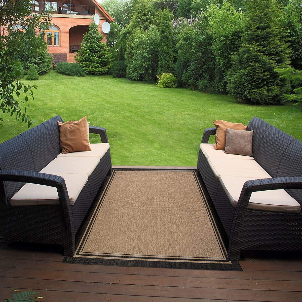 Gertmenian Indoor/Outdoor Flatweave Area Rug - 5x7 Standard, Stain & UV Resistant, Ideal For Deck, Patio, Poolside, Mudroom - Simple Border, Black Tan, 21490