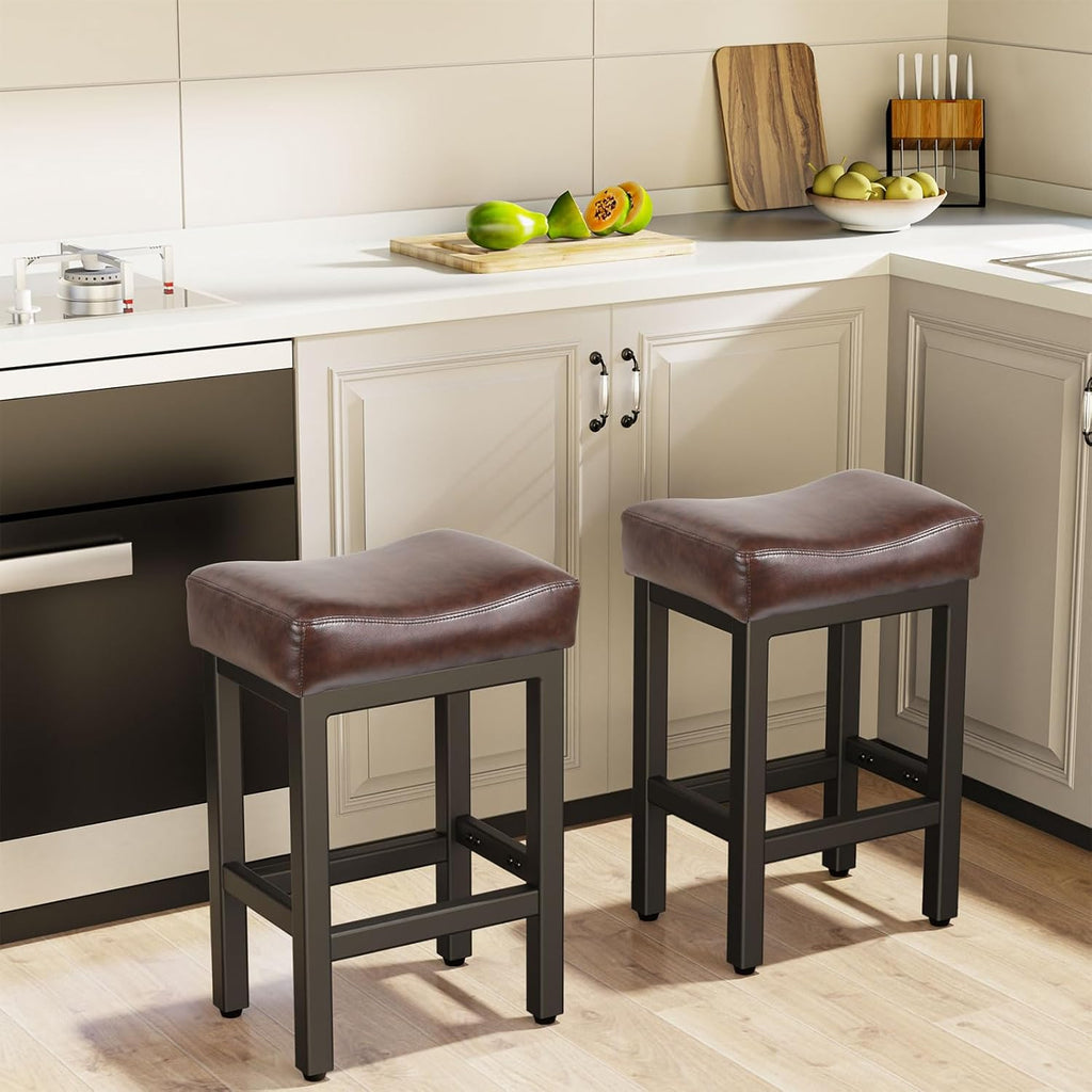 Raynesys Counter Height Bar Stools Set of 2, 24 Inch Barstools for Kitchen Island Counter, Bonded Leather Kitchen Stools with Thick Saddle Seats & Heavy Duty Metal Base, Easy Assembly, All Black