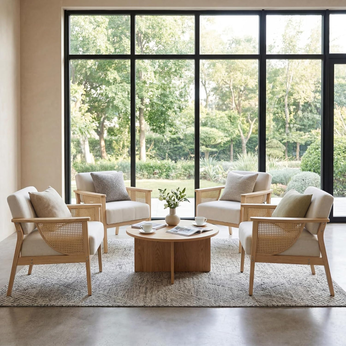 Mid Century Modern Accent Chair Set of 2, Rattan Armchair with Wood Legs Living Room Chair Linen Upholstered Lounge Chair for Bedroom Reading Room, Beige