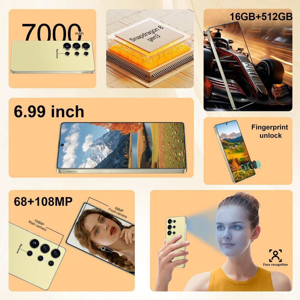 OEJBK I25 Ultra: Powerhouse 16GB/512GB, 2-Day 7000mAh Battery, Huge 6.99" Android 14 Phone w/Built-in Stylus - Your All-in-One Device The Superior Choice (Yellow)