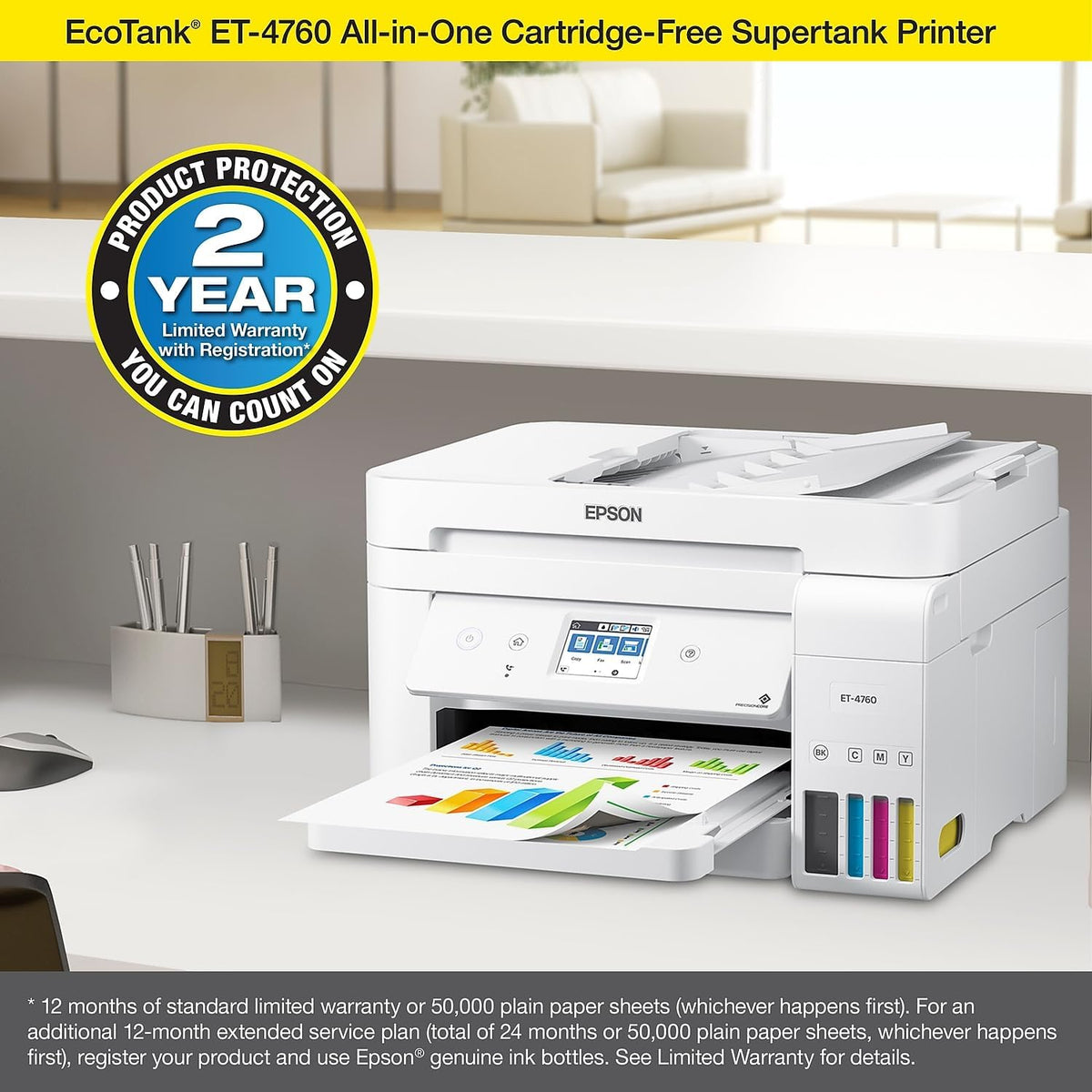 Epson EcoTank ET-4760 Wireless Color All-in-One Cartridge-Free Supertank Printer with Scanner, Copier, Fax, ADF and Ethernet - White