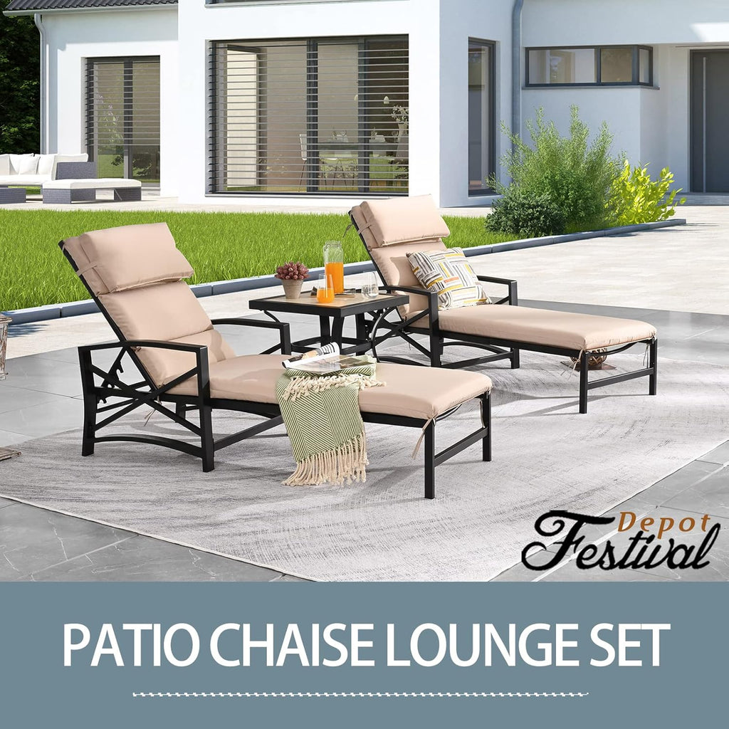 Festival Depot 3 Pieces Patio Outdoor Chaise Lounge Chairs with Cushions Set with Coffee Table Premium Fabric Metal Frame Furniture Garden Bistro Soft Backrest (Khaki)