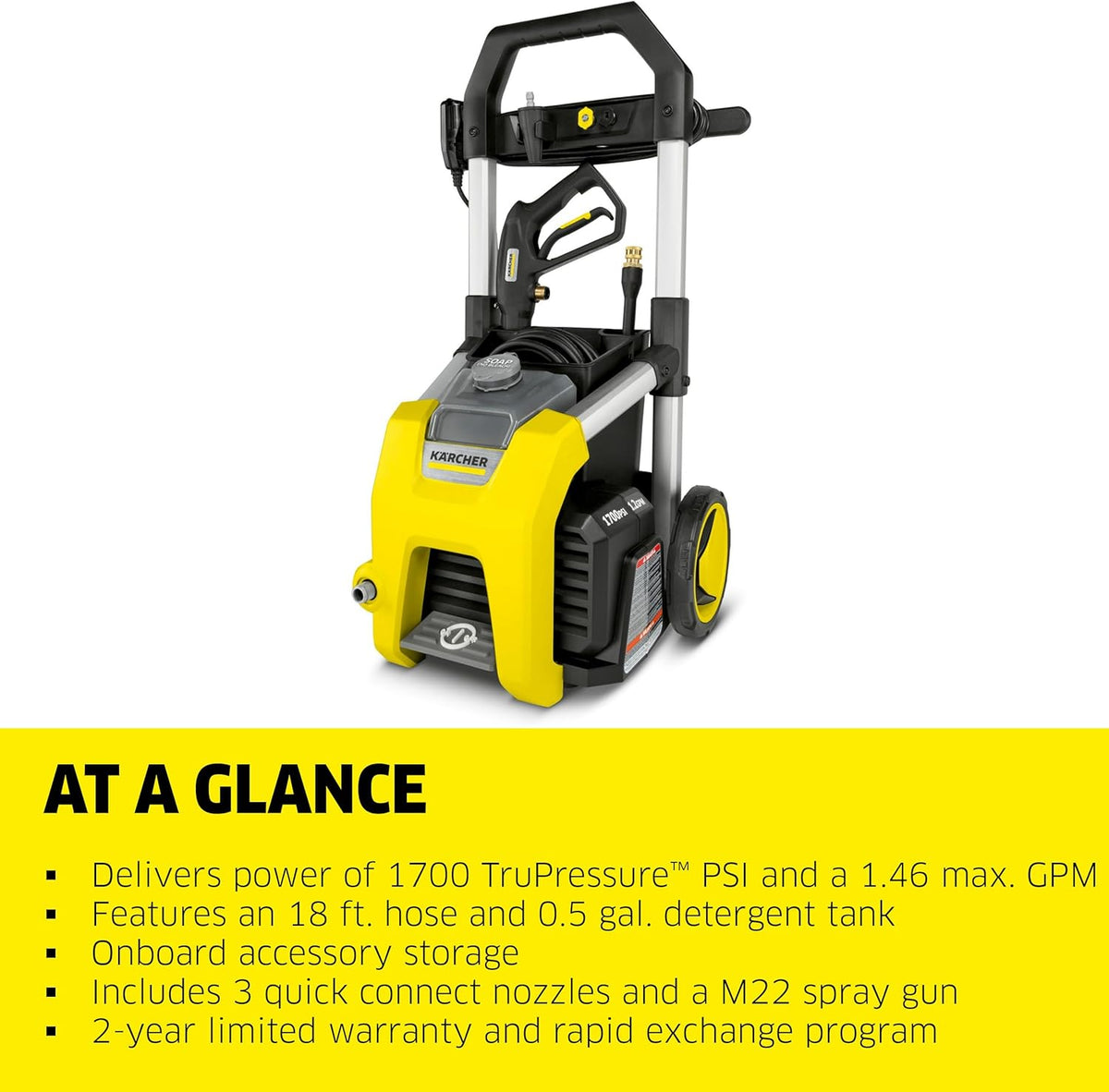 Kärcher Pressure Washer K1700, CETA Certified, 3 Spray Nozzles, Detergent Tank, for Cars, Driveways, Siding, Patios, 1.2 max. GPM