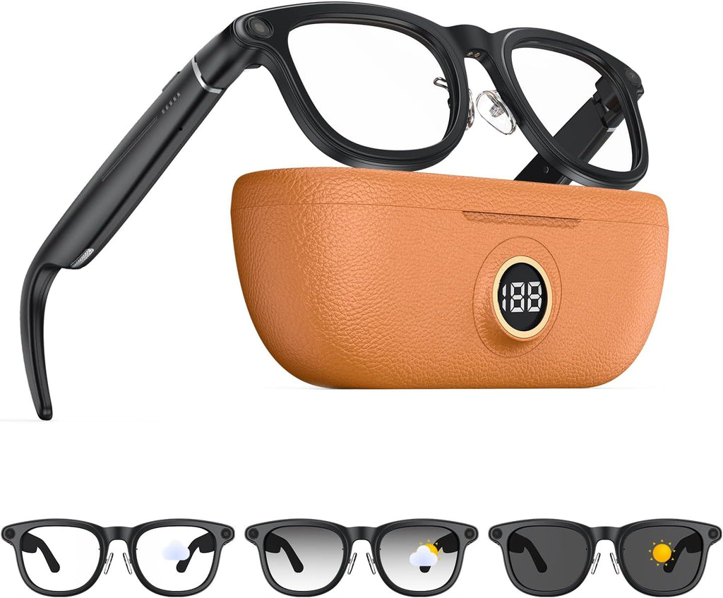 2026 AI Smart Glasses with Camera, 8MP Action Camera & 4K Video Recording Glasses with 3600mAh Charging Case, Photochromic Sunglasses, EIS Stabilization,Bluetooth Glasses for Men Women Cycling Working