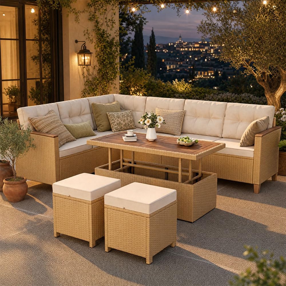HERA'S HOUSE Patio Furniture Set, 8 Piece Wicker Outdoor Patio Conversation Set, Outside L-Shaped Sectional Sofa Couch with 1 Height Adjustable Table, Chaise Lounge and 2 Ottomans for Yard and Lawn