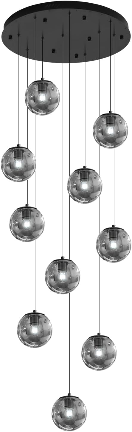 ykolupty H138 Modern Smoke Glass Globe Chandelier Large Chandeliers for High Ceiling 10-Lights Entryway Modern Lighting Fixture Glass Globe Pendant Light for Living Room Foyer Hallway