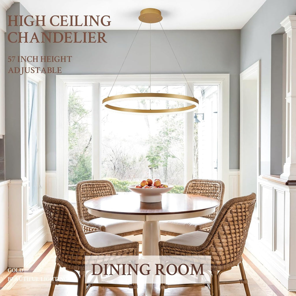 Modern LED Pendant Lighting Ring Chandelier Gold Dimmable LED Chandelier for Dining Room 36W Adjustable Pendant Light Fixture for Living Room Bedroom Home Office Foyer, 3000-6500K D24in