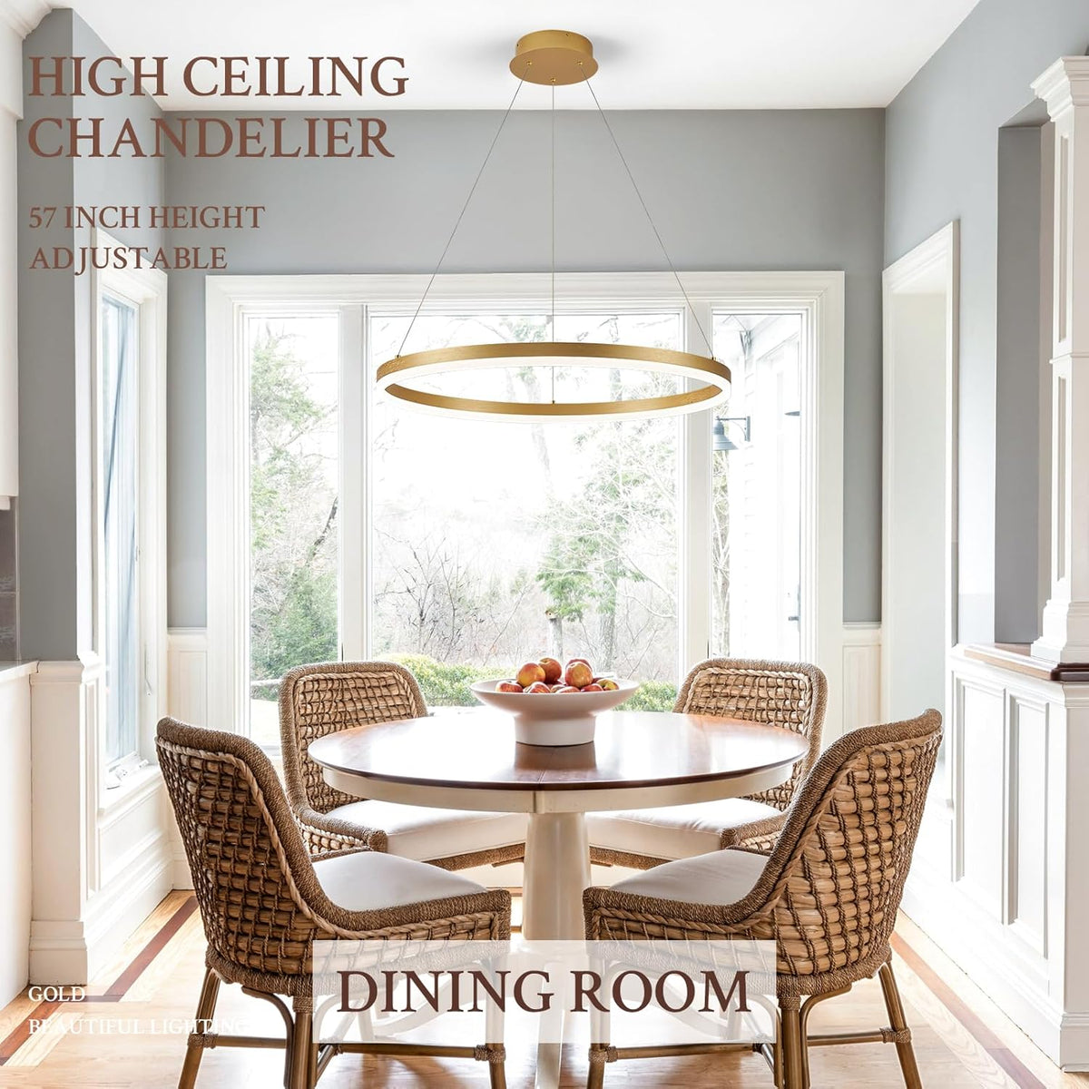 Modern LED Pendant Lighting Ring Chandelier Gold Dimmable LED Chandelier for Dining Room 36W Adjustable Pendant Light Fixture for Living Room Bedroom Home Office Foyer, 3000-6500K D24in