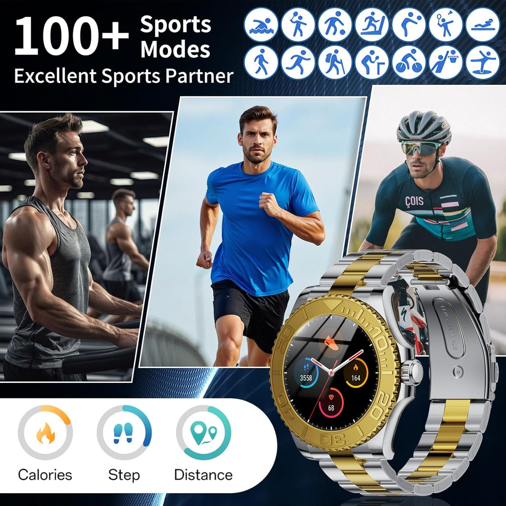 J-CD Smart Watch for Men, 1.32 inch HD Screen, Support Make&Receive Call/Sleep Tracker/Sports Mode, Fitness Tracker Watch, Stainless Steel Band, Waterproof (Gold)