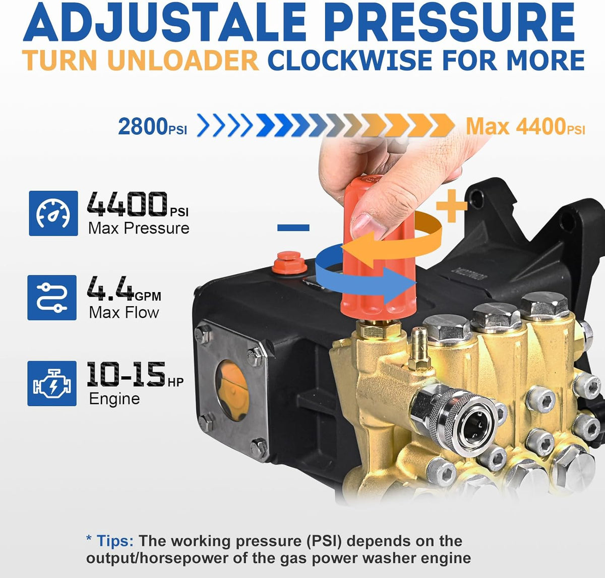 TOOLCY Pressure Washer Pump 3600-4400 PSI Max 4.4 GPM, 1 Inch Shaft Horizontal Triplex Plunger Replacement, Direct Drive with Unloader, 5 Nozzle Tips, M22-14mm Adapter