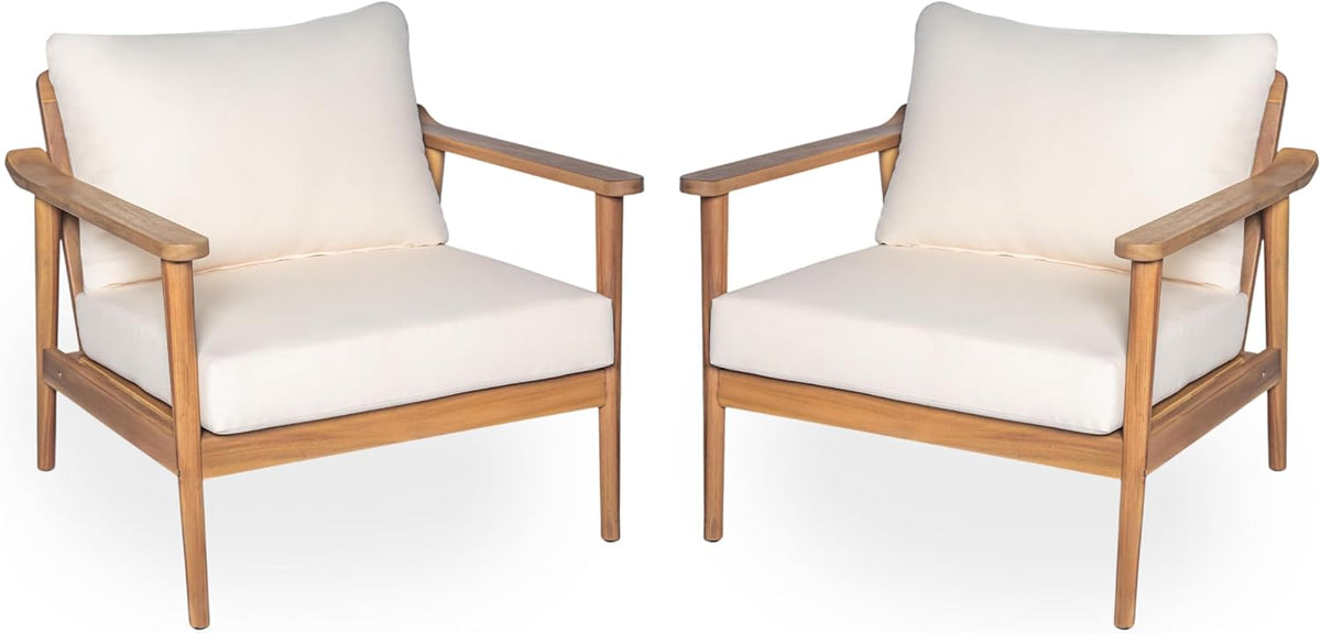 Christopher Knight Home Batis Acacia Wood Lounge Chair Outdoor Set of 2, Wooden Patio Accent Chair Set, Comfy Reading Seat with Removable Cushion, Patio Furniture Set, Teak+Beige
