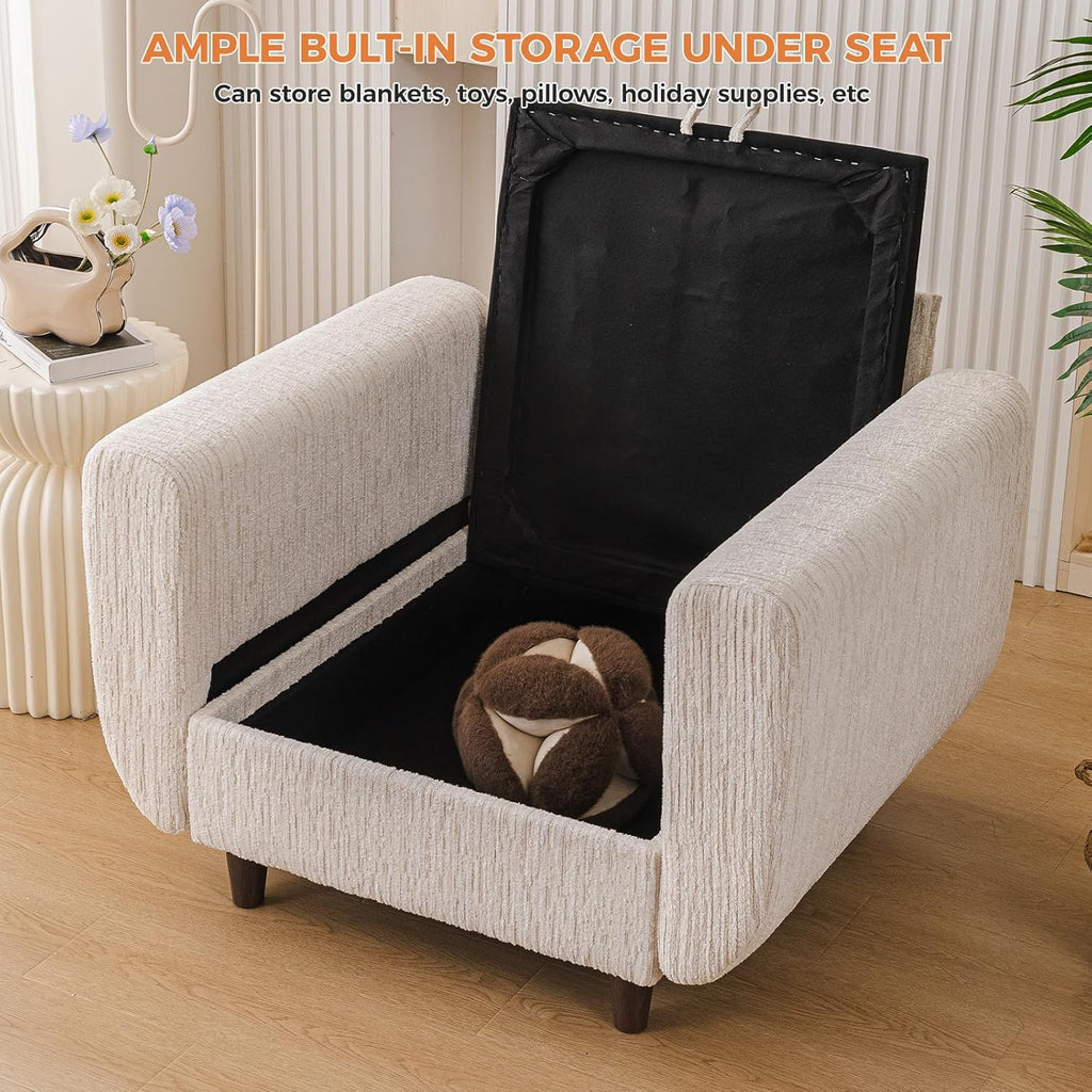 38'' Accent Chair with Under Seat Storage,Comfy Armchair with 25in Deep Seat,Large Chair with Lumbar Pillow,Upholstered Sofa Chair for Living Room,Bedroom,Reading Chair,Chenille,White