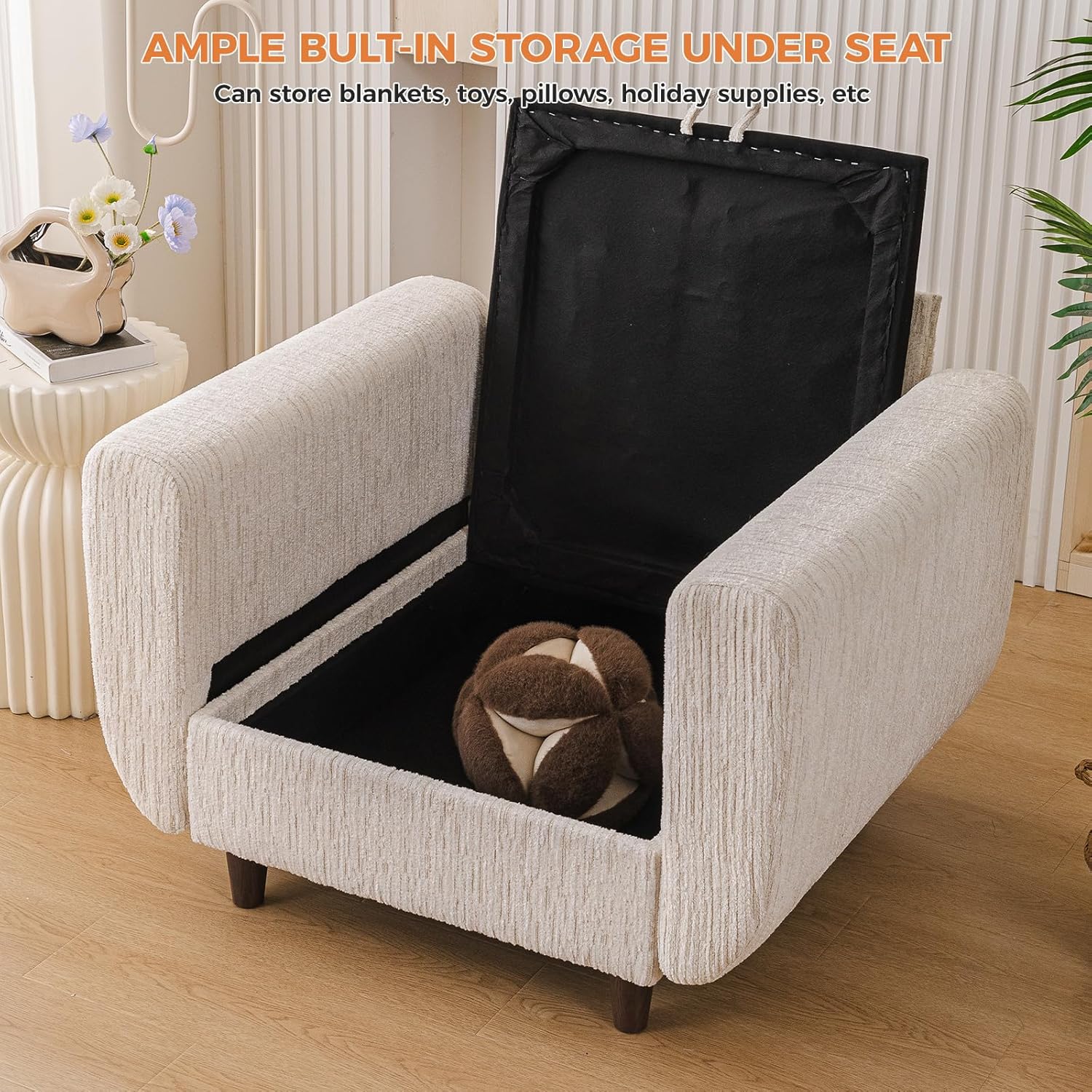 38'' Accent Chair with Under Seat Storage,Comfy Armchair with 25in Deep Seat,Large Chair with Lumbar Pillow,Upholstered Sofa Chair for Living Room,Bedroom,Reading Chair,Chenille,White