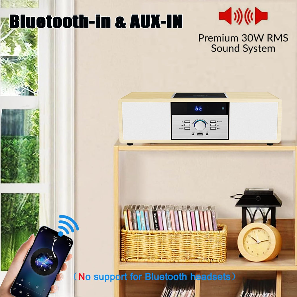 Bluetooth Stereo System for Home with CD Player, Vintage Wooden Hi-Fi Music System with Bluetooth, FM Radio, AUX & USB Input, Remote Control, Compact Radio & Stereo