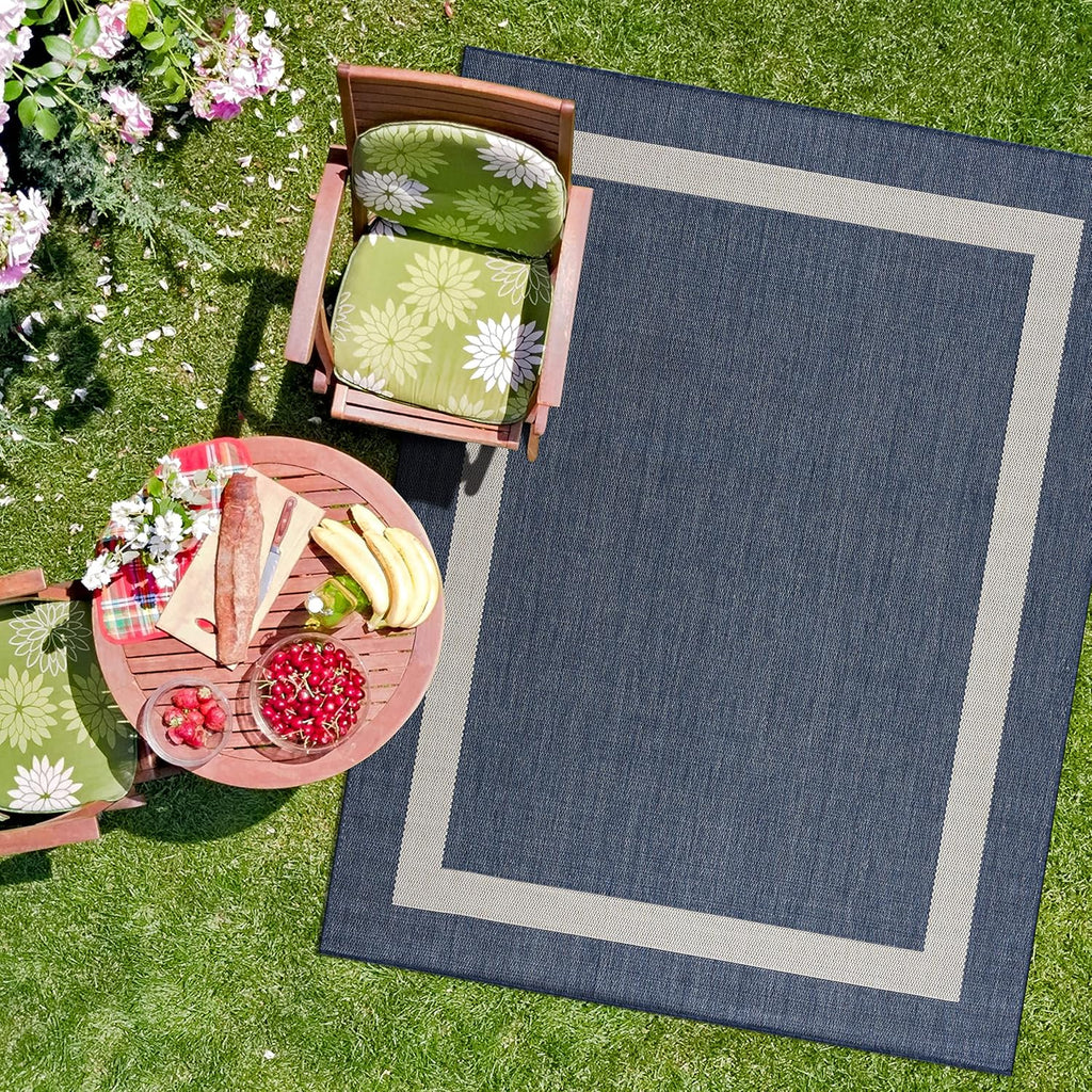 CAMILSON Outdoor Rug 9x12, Large Modern Outside Rugs for Patios Porches Waterproof Durable Washable Non-Shedding, Easy-to-Clean Indoor Outdoor Area Carpet (9 x 12, Bordered - Blue/White)