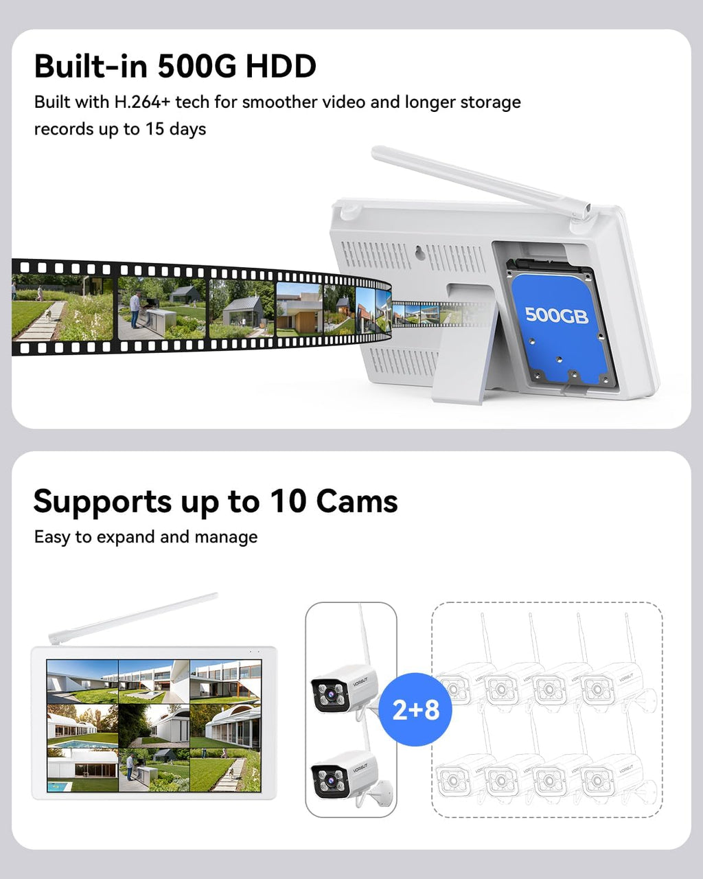 Wireless Security Camera System with 10" LCD Monitor, 2PCS 3MP Bullet Outdoor Camera Metal Shell for Home Surveillance, 10CH NVR with 500G HDD, 24/7 Record,Human Detection,No Monthly Fee