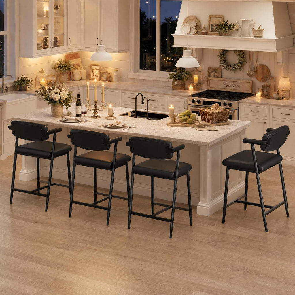 IDEALHOUSE Bar Stools Set of 4 with Armrests, Counter Height Bar Stools Set with Footrest & Soft Back, Metal Barstools Set with Wide Upholstered Seat for Kitchen Islands, Counter Bars, Rustic Black