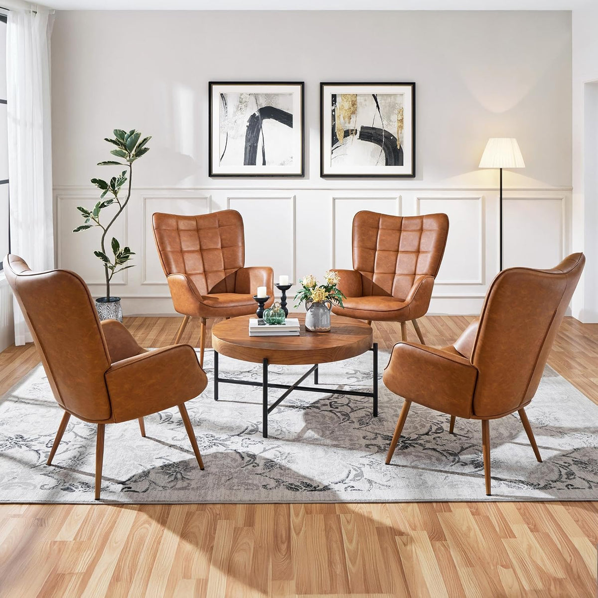 Yaheetech Accent Chairs, Large PU Leather High-Back Chair w/Metal Legs, Pottery Barn Style Living Room Chairs for Bedroom/Home Office, Brown, Set of 2
