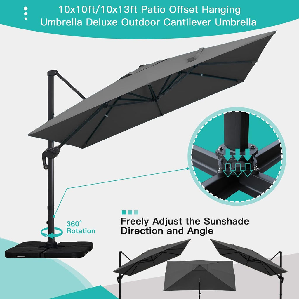 Sunnyglade 10x13Ft Cantilever Patio Umbrella Rectangular Deluxe Offset Umbrella 360°Rotation & Integrated Tilting System Patio Hanging Umbrella for Market Garden Deck Pool Backyard Patio(Grey)