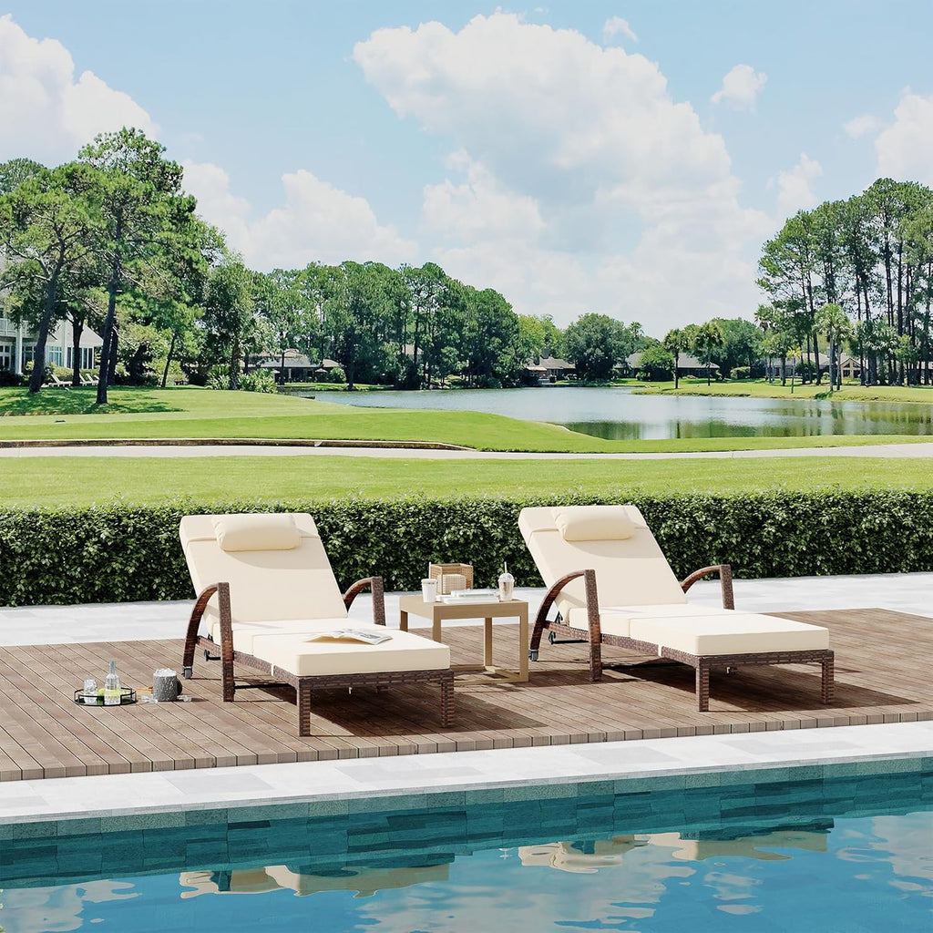 Garvee Outdoor Chaise Lounge Chairs Set of 2, PE Rattan Wicker Patio Lounge Chairs with 5-Position Adjustable Backrest, 3.5" Cushions & Wheels, 380 lbs Capacity Heavy Duty Pool Lounge Chair, Beige