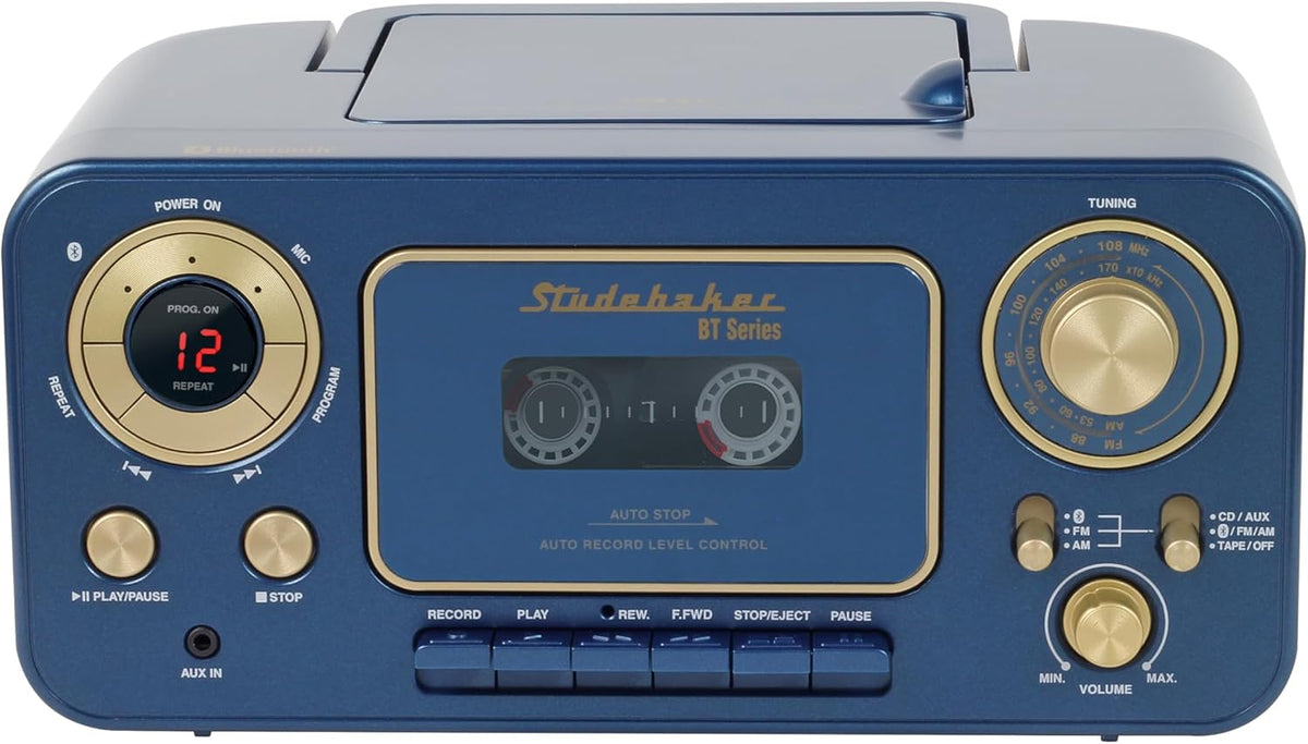 Portable Stereo CD Player with Bluetooth, AM/FM Stereo Radio and Cassette Player/Recorder (Blue)
