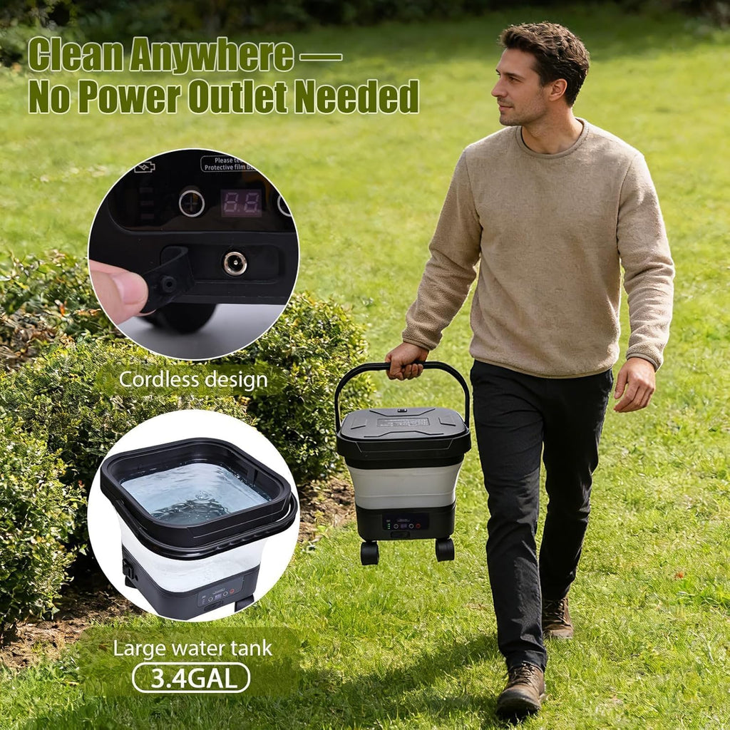 Portable Cordless Washer with 3.4Gal Tank, 580PSI, 7-Level Adjustable Sprayer, 360° Rotating Nozzle, 23FT Hose, 20000mAh Battery, Foldable Design with Wheels for Car, Camping, Garden