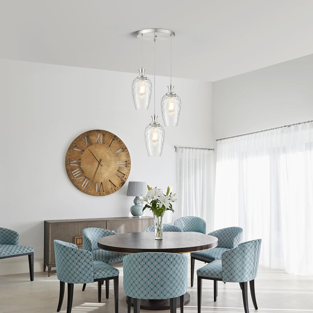 3-Light Pendant Lighting, Modern Brushed Nickel Dining Room Chandelier Light Fixture Over Table with Hammered Glass, Brass Cluster Hanging Lights for Kitchen Island Dining Room Bedroom, E26