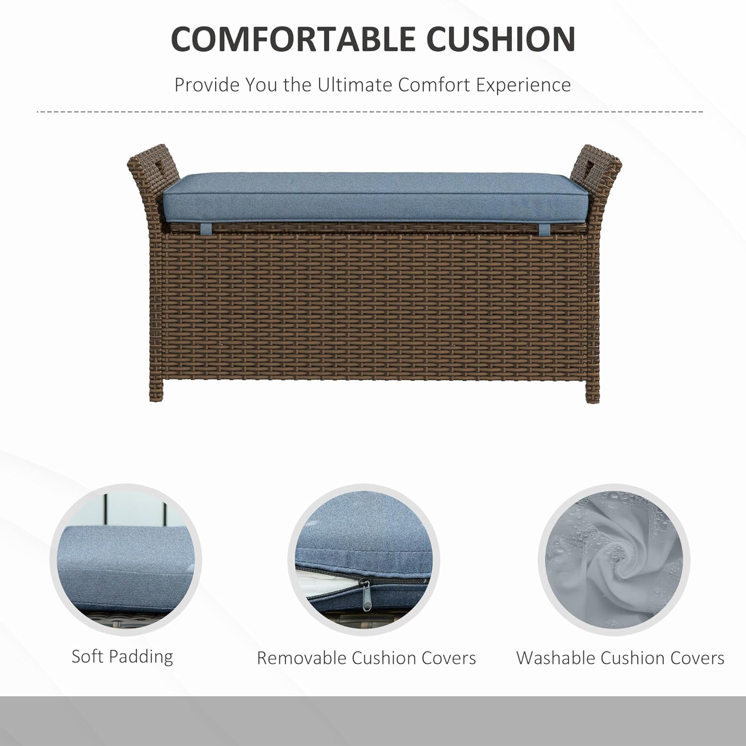 Outsunny 29 Gallon Patio Wicker Storage Bench, Outdoor PE Rattan Furniture, 2-in-1 Large Capacity Rectangle Garden Storage Box with Handles and Cushion, Dark Blue