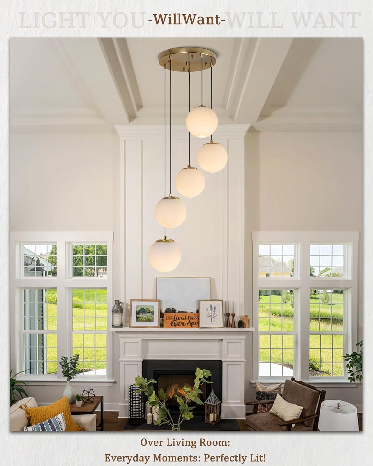 5-Light Globe Chandelier Cluster Pendant Lights, Mid Century Brushed Brass Gold Chandelier with Milk Glass Shade, Adjustable Hanging Cord Ceiling Light for Living Dining Room Staircase