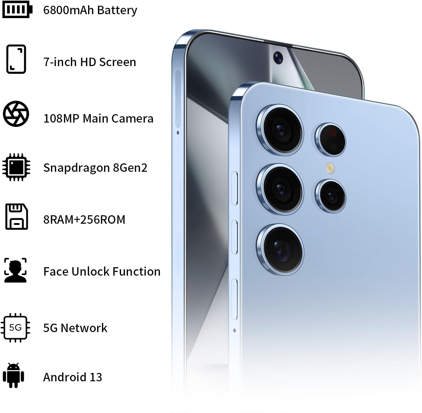 Unlocked Phone I24 Ultra Android Phone 8-core 8GB+256GB Cell Phone 7 inch HD Screen Mobile Phone 108MP+48MP Camera 6800 mAh Battery 5G Dual SIM (Titanium Blue)
