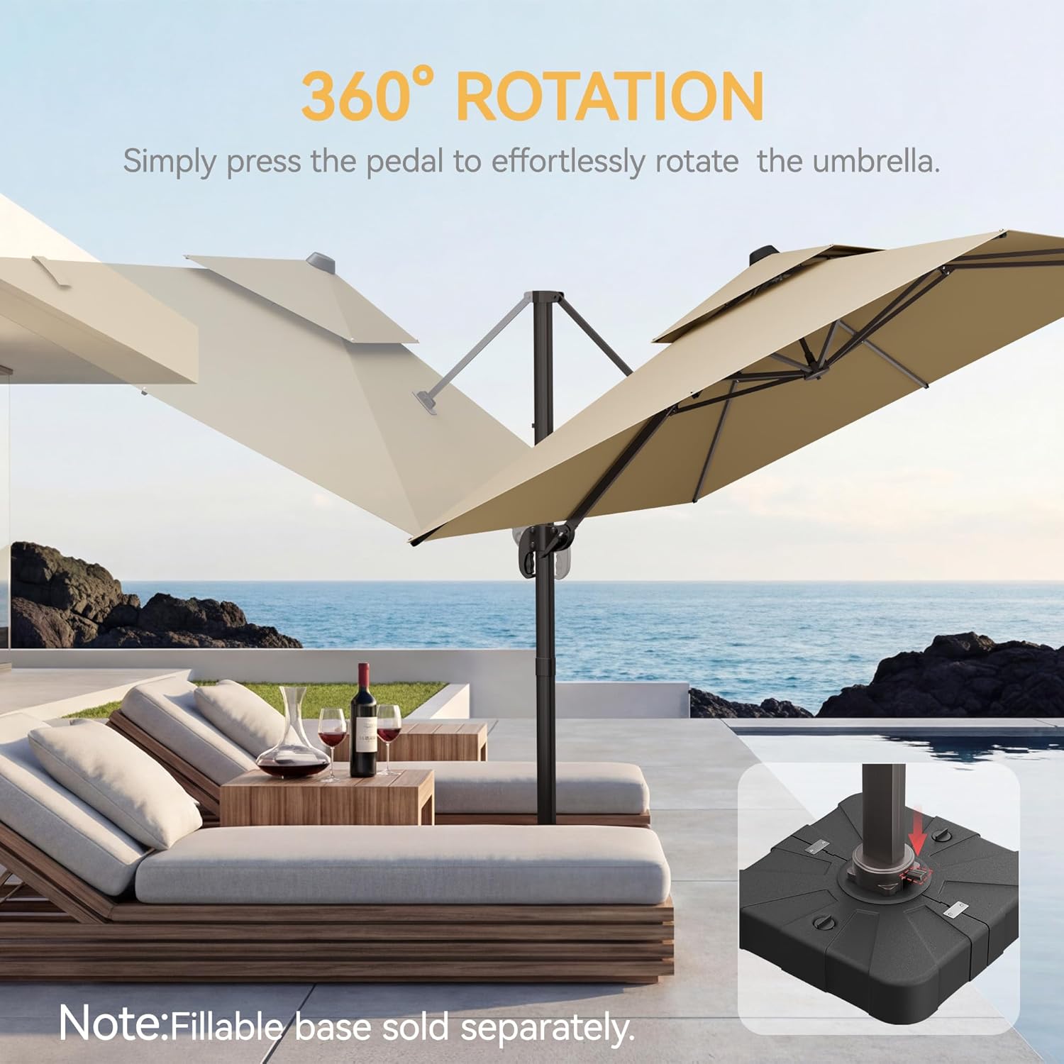 9x12 FT Patio Umbrella, Large Cantilever Rectangular Double Top Heavy Duty Offset Umbrellas with 360° Rotation, Outdoor shade for Garden Deck Pool, Beige
