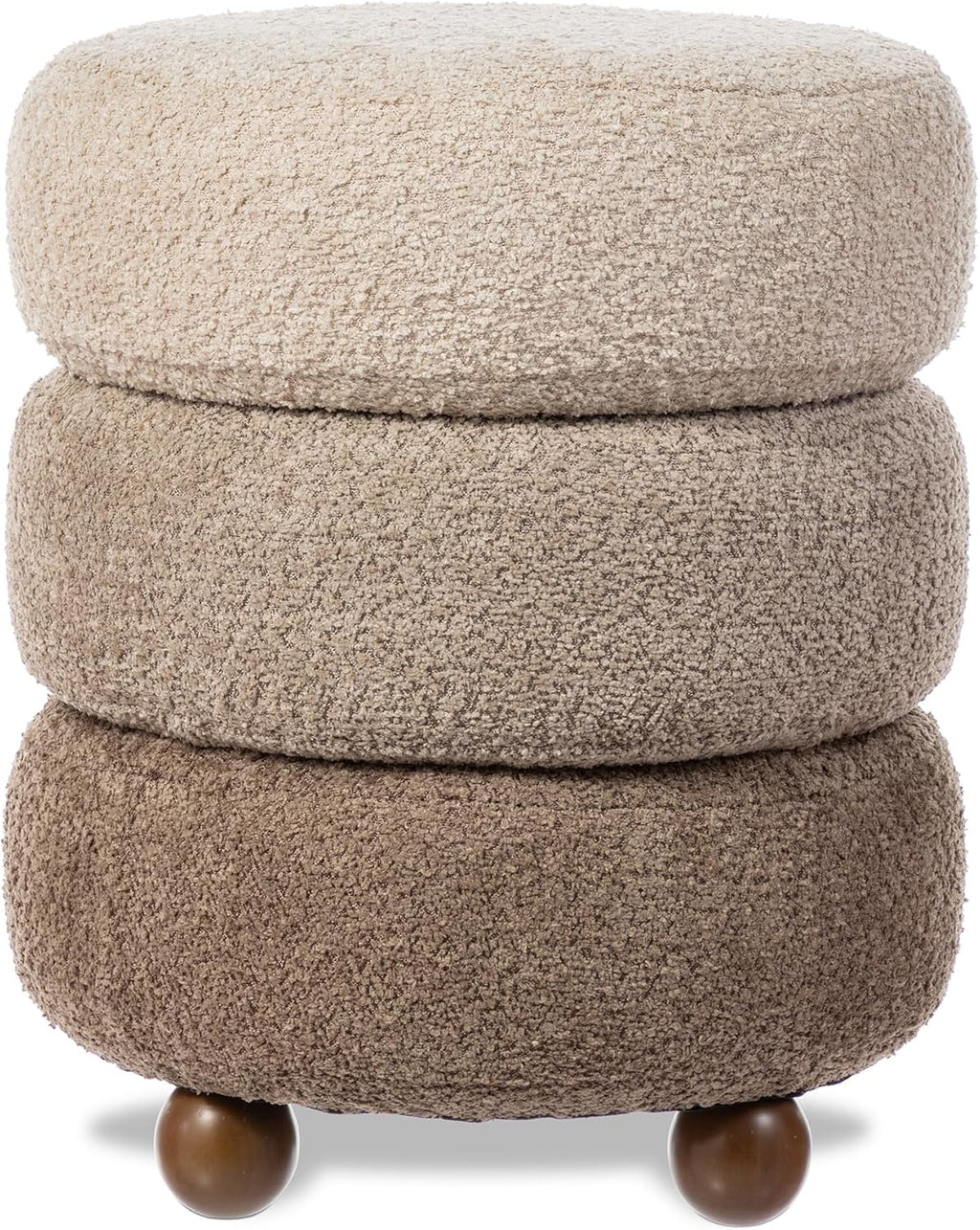 Glitzhome Round Ottoman with Storage, Small Foot Stool, Modern Accent Stool Upholstered Vanity Stool with Rubberwood Ball Feet for Bedroom Living Room Dorm Room, Gradient Brown