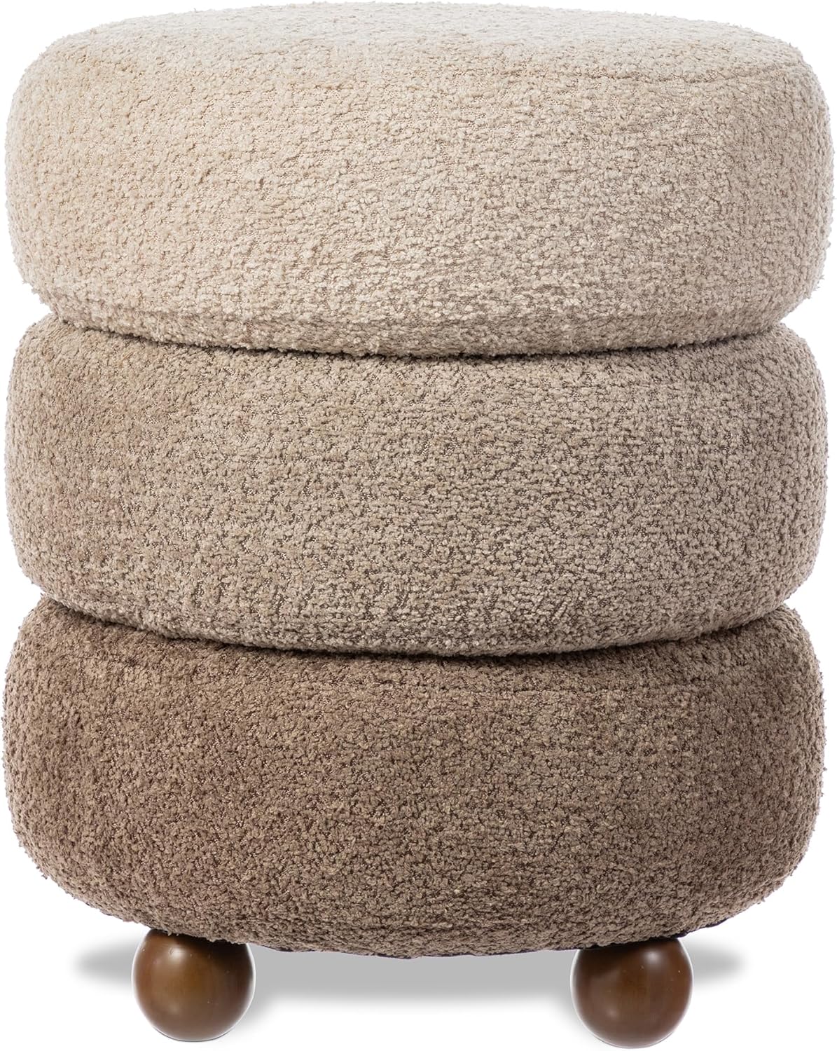 Glitzhome Round Ottoman with Storage, Small Foot Stool, Modern Accent Stool Upholstered Vanity Stool with Rubberwood Ball Feet for Bedroom Living Room Dorm Room, Gradient Brown