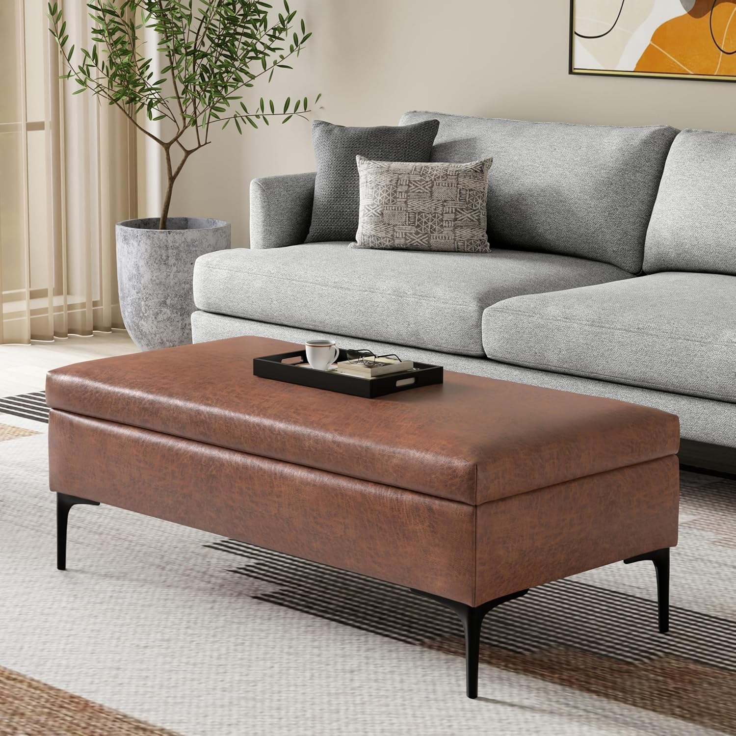 SIMPLIHOME Rebecca Storage Ottoman - 48 inch Wide Upholstered Vegan Leather Coffee Table Ottoman in Distressed Saddle Brown, Mid-Century Modern Lift-Top Storage for Living Room with Safety Hinges