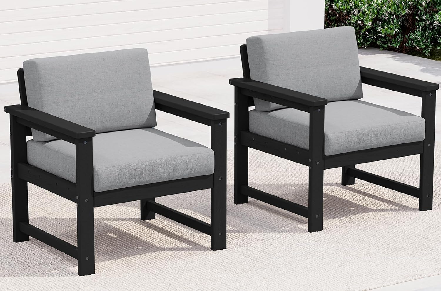 SERWALL 2 Pieces Single Cushioned Lounge Chair, Black HDPE Outdoor Adirondack Sofa Armchair with Grey Cushion