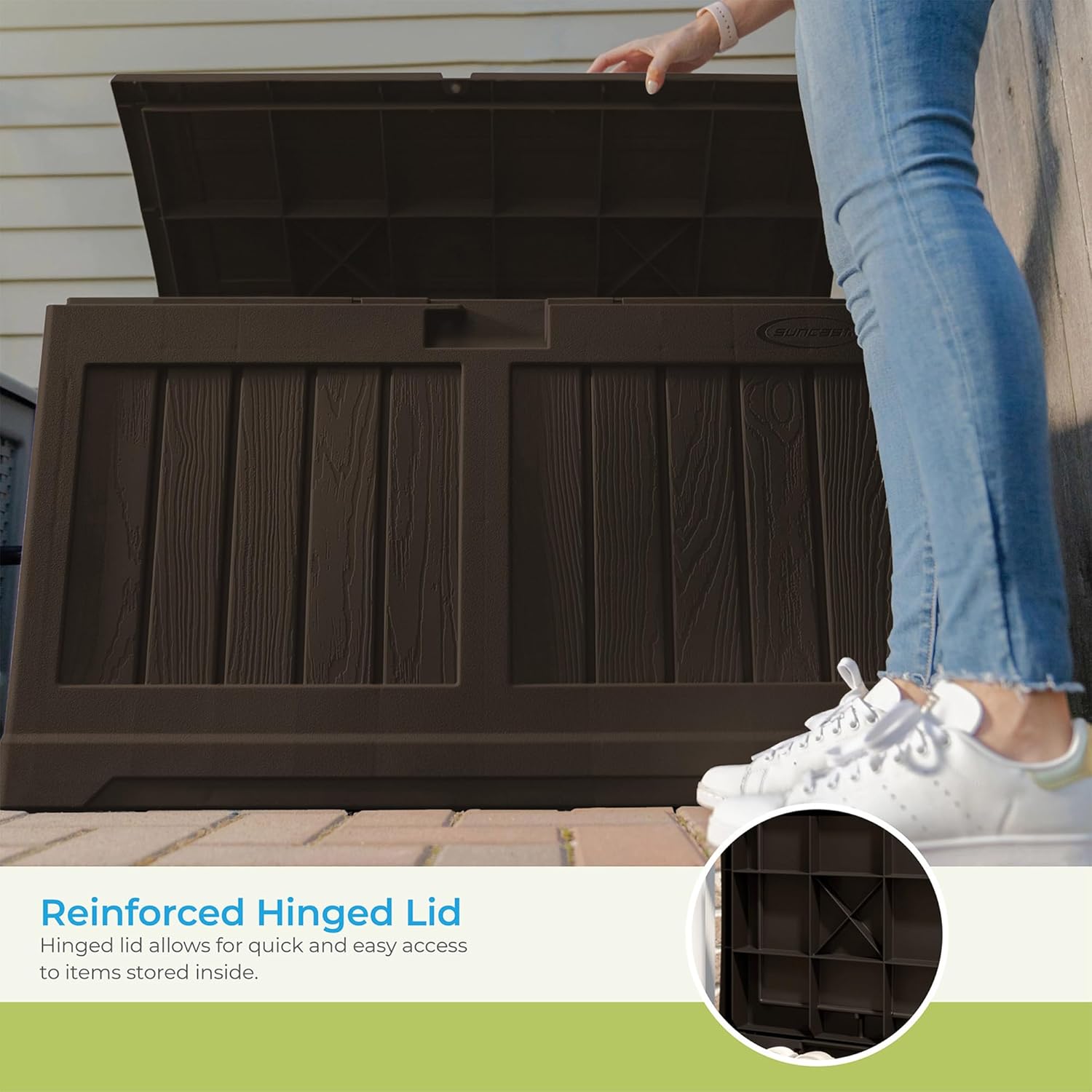 Suncast 50 Gallon Medium Capacity All Weather Construction Resin Outdoor Storage Deck Box with Bench Seat and Lid for Patio, Garden, or Pool, Java
