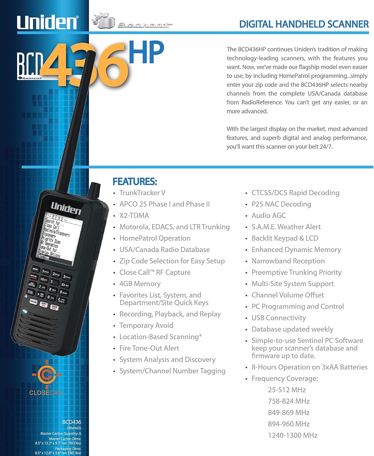 Uniden BCD436HP HomePatrol Series Digital Handheld Scanner. TrunkTracker V, Simple Programming, S.A.M.E. Emergency/Weather Alert, Covers USA and Canada