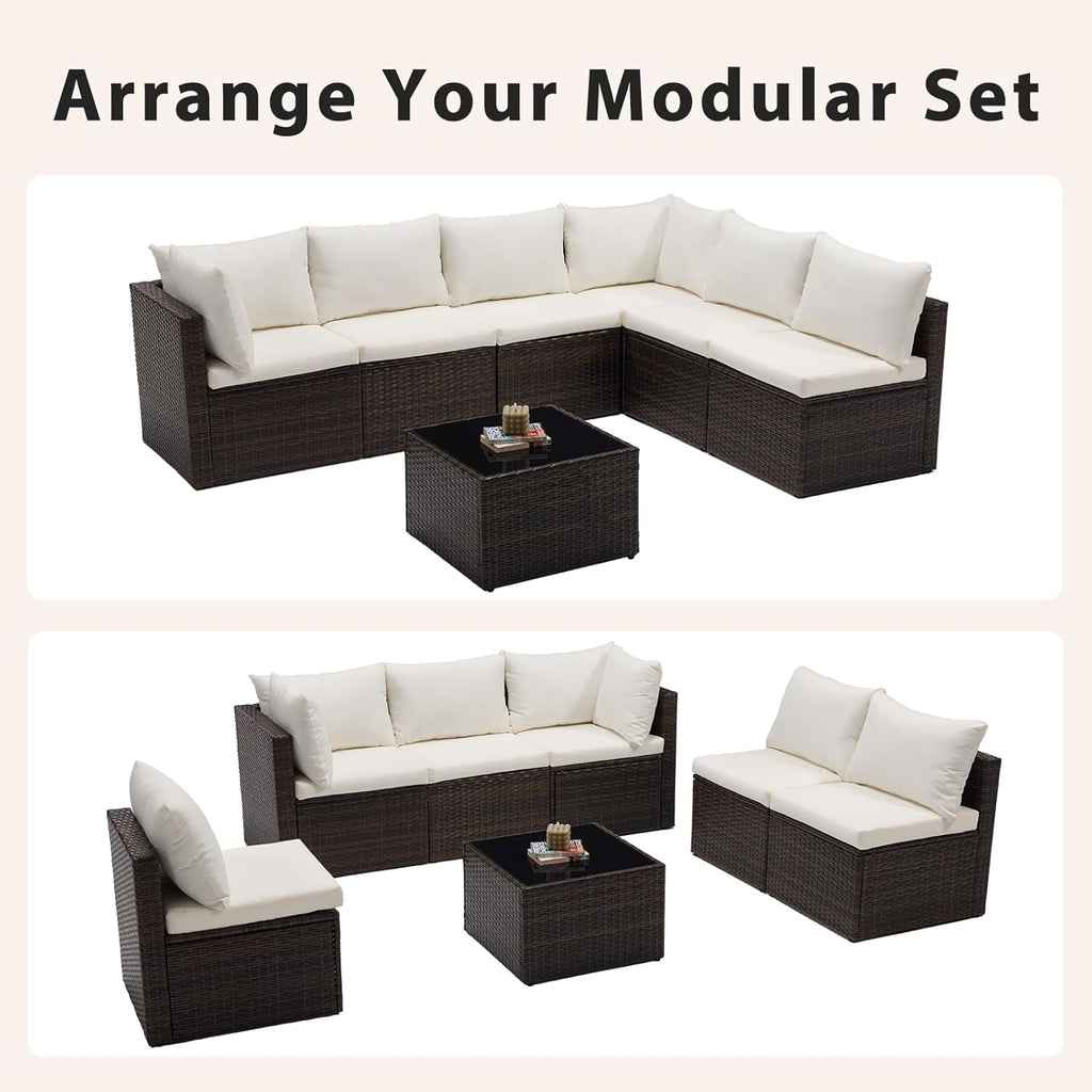Sweetcrispy 7-Piece Outdoor Patio Sectional Sofa, Modular PE Wicker Outdoor Sectional with Thick Cushions, Rattan Patio Sofa Set with Coffee Table for Backyard, Poolside, Garden, Deck, Brown