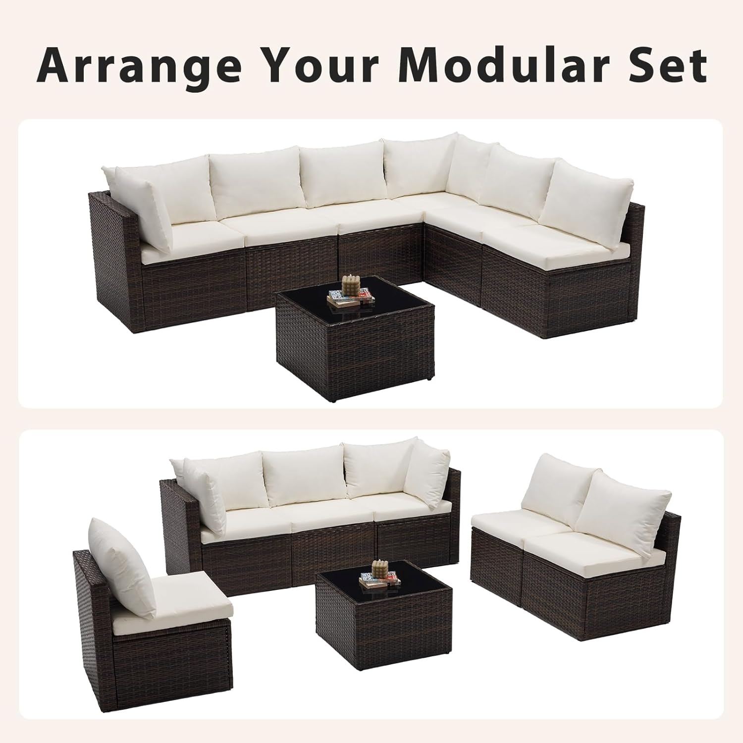 Sweetcrispy 7-Piece Outdoor Patio Sectional Sofa, Modular PE Wicker Outdoor Sectional with Thick Cushions, Rattan Patio Sofa Set with Coffee Table for Backyard, Poolside, Garden, Deck, Brown