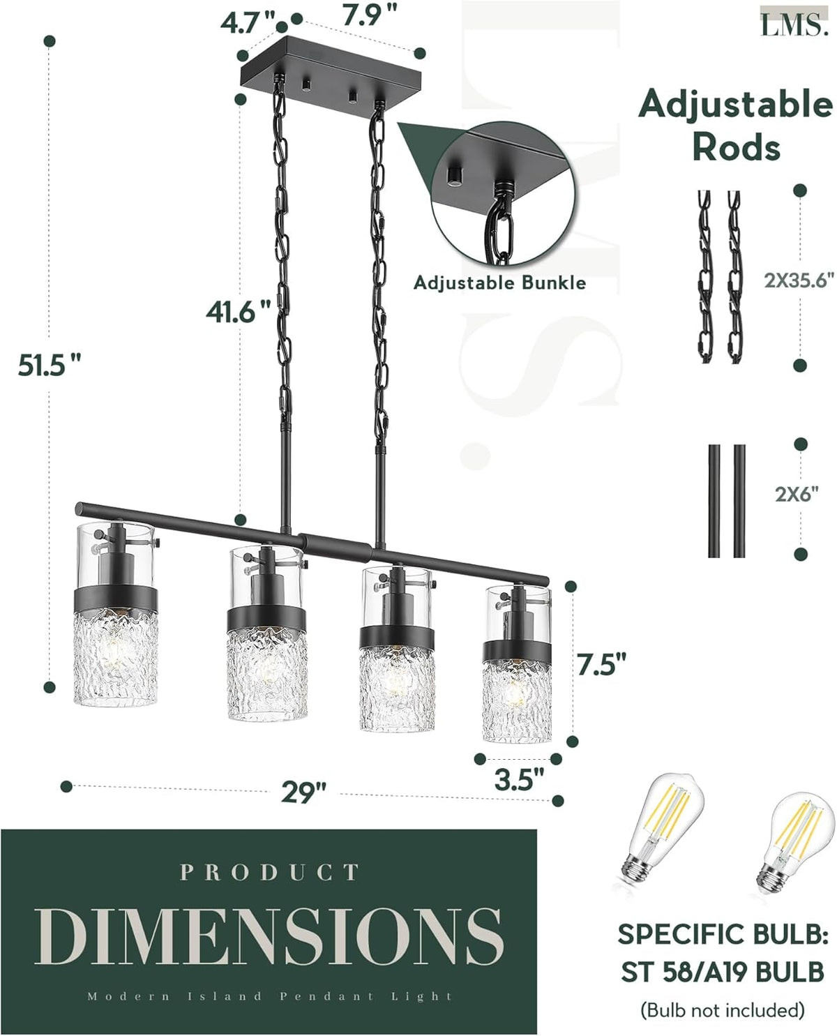 LMS 4-Light Island Lights, Farmhouse Light Fixtures with Hammered Glass Shade, Matte Black Linear Chandelier Pendant Lighting Over Table for Adjustable Height, Kitchen Island, LMS-171BK-4