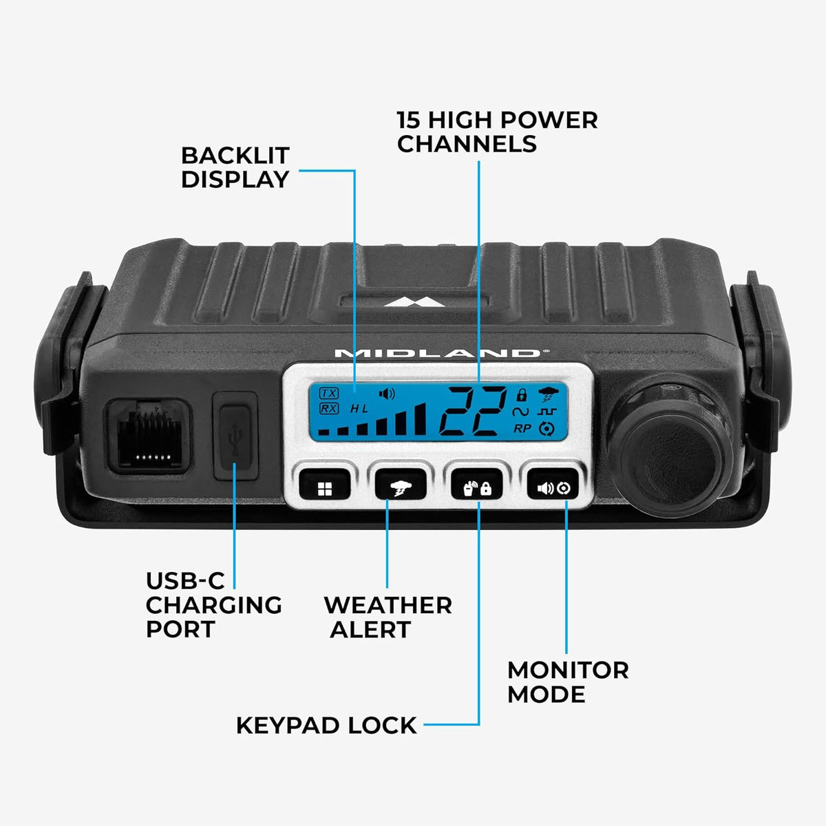 Midland – MXT115 - 15 Watt GMRS MicroMobile Two Way Trails Radio - Off Roading Outdoor RZR Farm - 8 Repeater Channels Extended Range - External Magnetic Mount Antenna - NOAA Weather Alerts