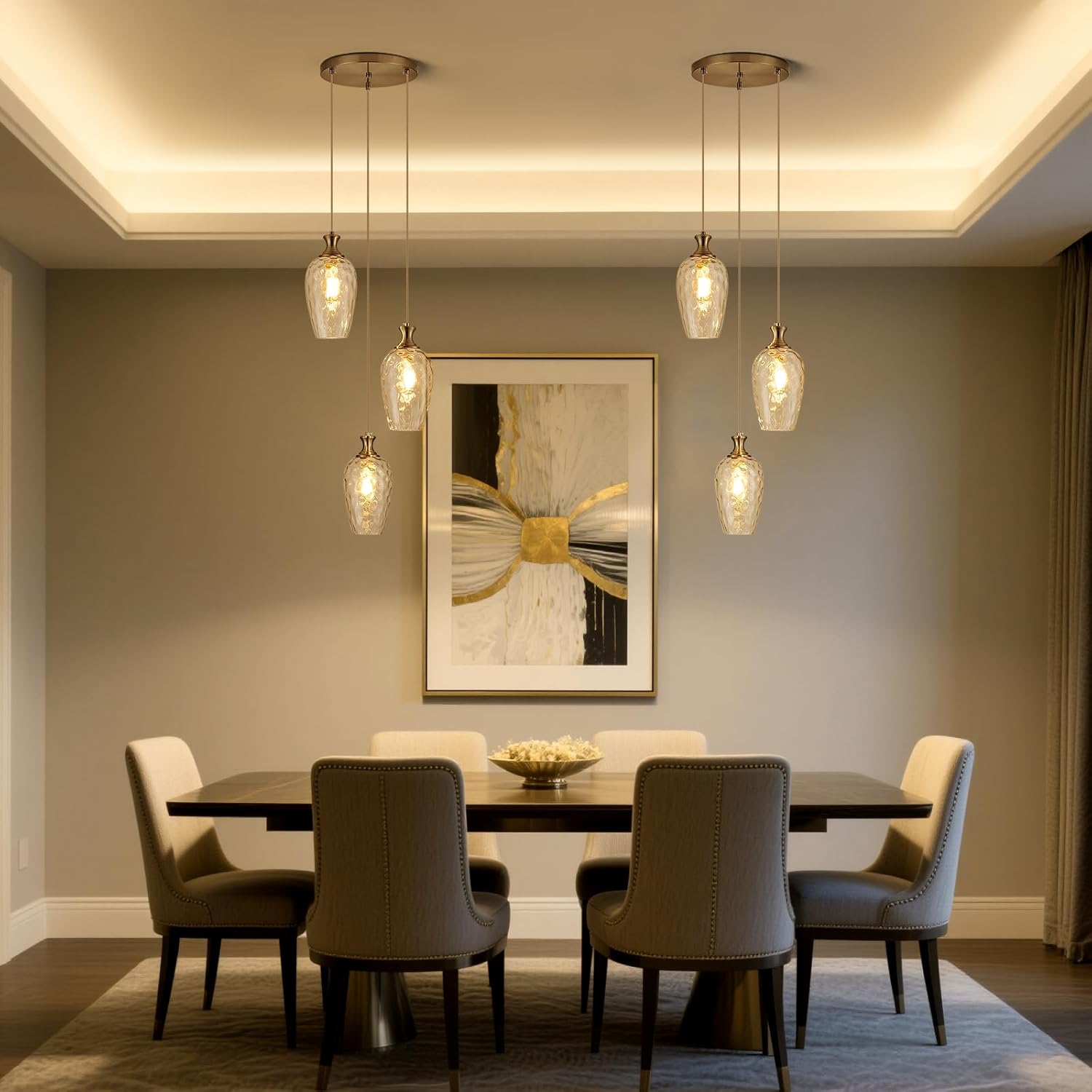 3-Light Pendant Lighting, Modern Brushed Nickel Dining Room Chandelier Light Fixture Over Table with Hammered Glass, Brass Cluster Hanging Lights for Kitchen Island Dining Room Bedroom, E26