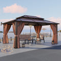 Aoxun 12'x16' Hardtop Gazebo, Aluminum Frame Permanent Pavilion with Curtains and Netting, Outdoor Polycarbonate Double Roof Canopy, Designed for Garden, Lawns, Patio