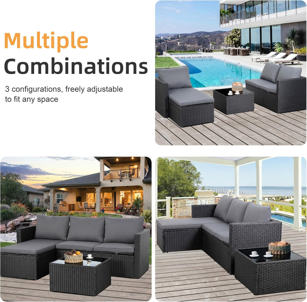 Shintenchi 4 Pieces Patio Furniture Sets, Outdoor Sofa Patio Sectional Sets All Weather, 2-in-1 Wicker Rattan Seating Sofa Couch with Cushions & Coffee Table for Yard, Garden, Porch, Poolside (Gray)