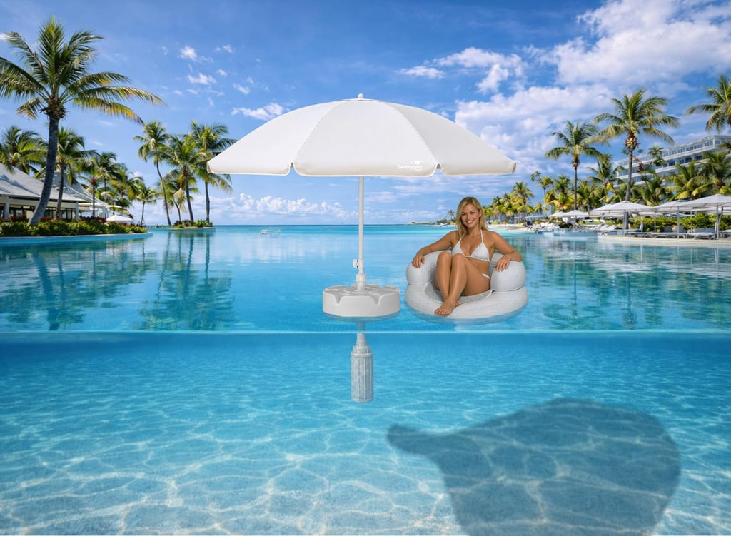Floating Pool Umbrella with Table, 6 Cup Holders, 7 ft UV 50+ Sun Shade, Stable Water Umbrella for Pool, Lake & Beach, Convertible Beach Table