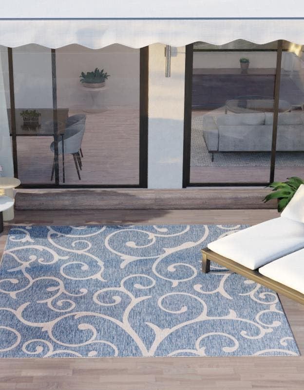Unique Loom Outdoor Botanical Collection Area Rug - Curl (13' Square, Blue/ Ivory)