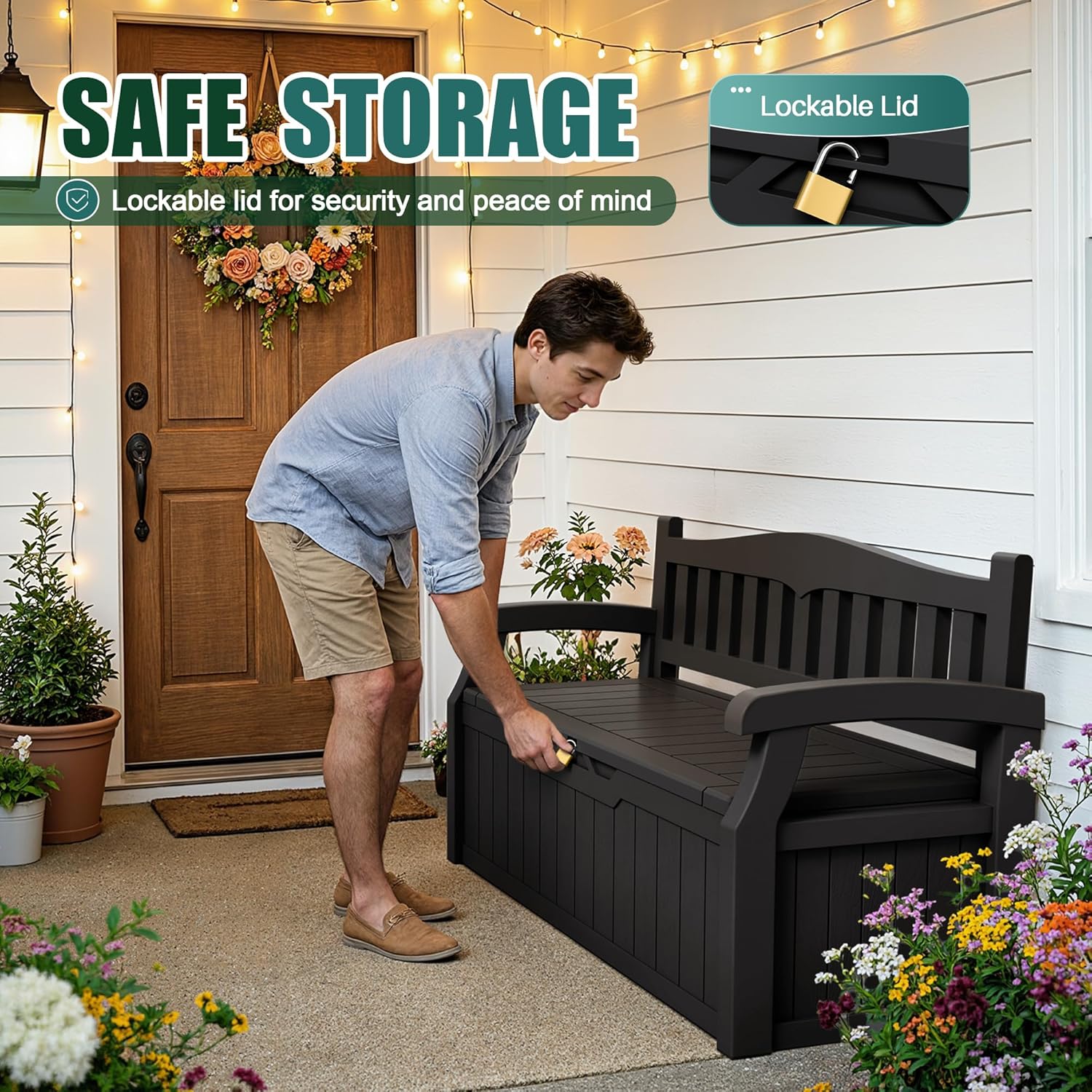 Devoko 80 Gallon Storage Bench Deck Box Lockable for Patio Furniture, Garden Decor and Outdoor Seating for Cushions, Garden Tools and Pool Supplies (Black)