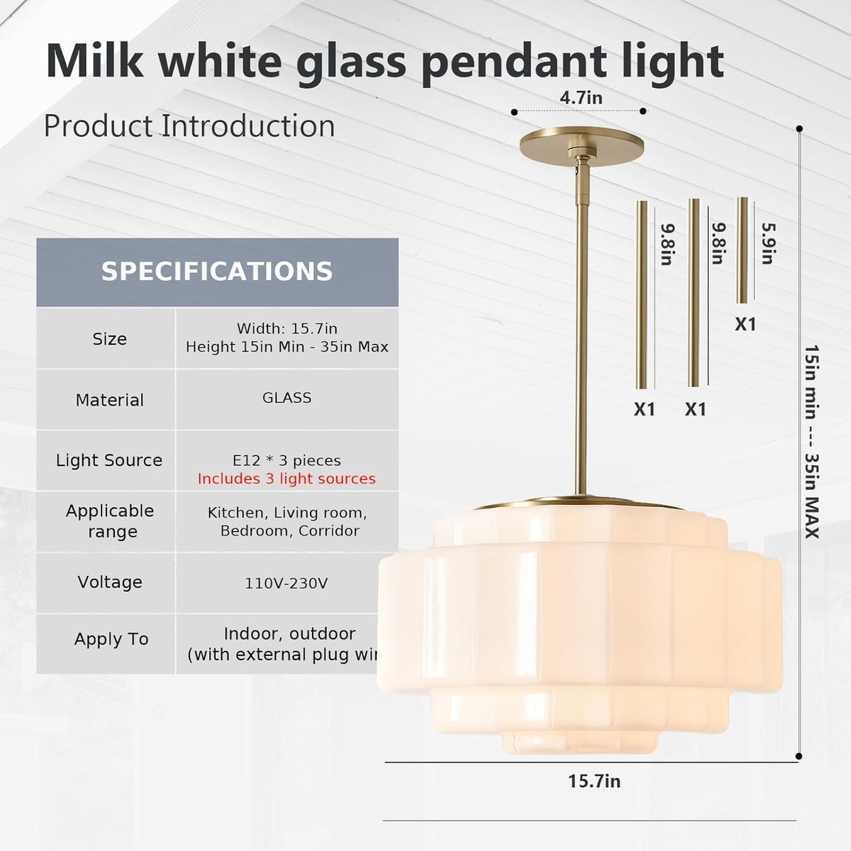 Vintage Milk Glass Pendant Lights, 15.7" White Pleated Glass Chandelier, Semi-Flush Mount Ceiling Light for Bedroom, Foyer, Living Room, Bar Counter, E12 Bulb Included (White, 15.7)