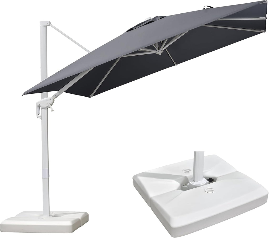 PURPLE LEAF 9 FT White Patio Umbrella With Base Cantilever Umbrella Outdoor Square Offset Umbrella Windproof with 360° Rotation for Deck Garden Pool, Light Grey
