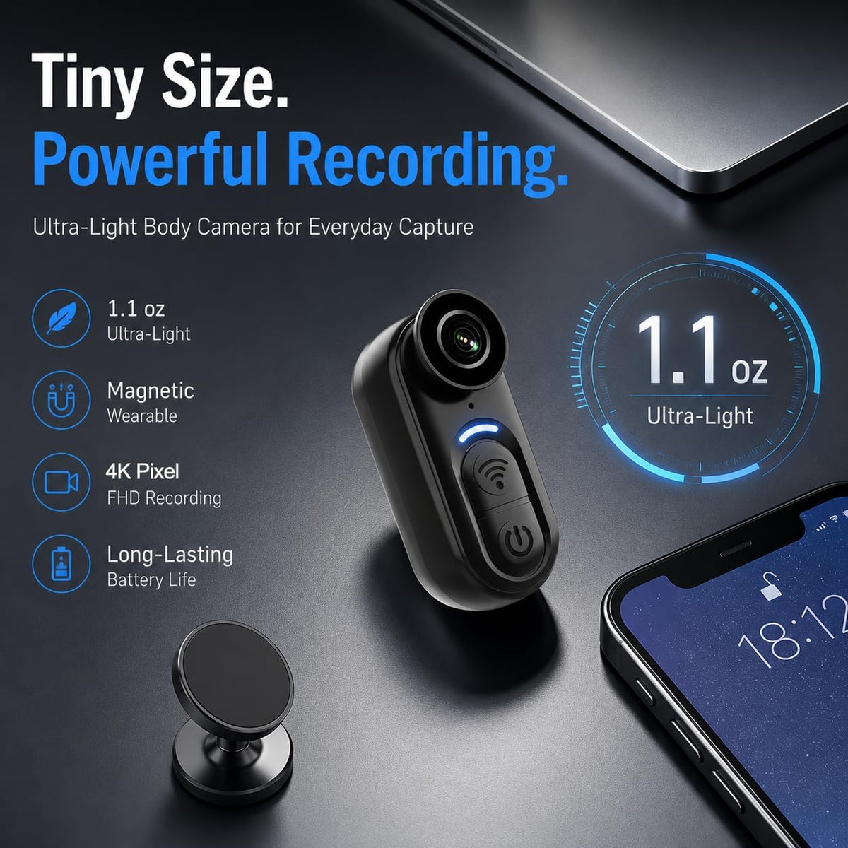 4K Mini Wearable Body Camera - 128GB Magnetic Thumb-Size Action Cam, 6-Axis Stabilization, Audio/Video Recording, Hands-Free POV for Vloggers, Hikers, Workers, Cycling, Travel & Daily Use